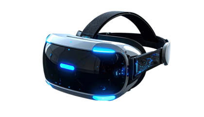 Futuristic VR headset with glowing blue lights against black background