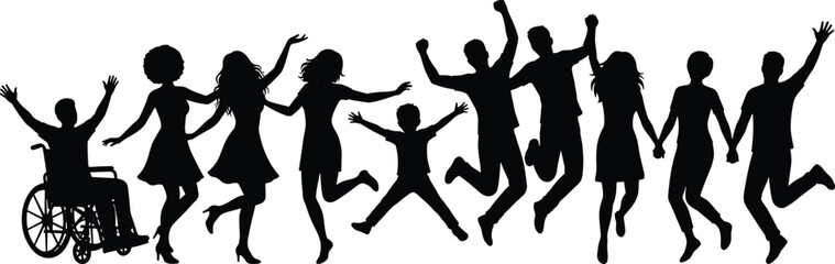 Happy diverse people silhouettes jumping together celebrating freedom, unity, inclusion, joy, success and community spirit on white background