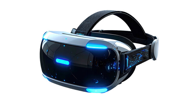 Futuristic VR headset with glowing blue lights against black background - Powered by Adobe