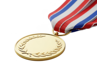 Closeup of a blank gold medal with a red, white, and blue striped ribbon, isolated on transparent background for award ceremony or competition achievement concept