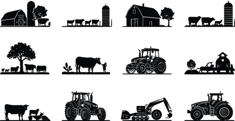 Obraz premium Farm silhouette vector set, rural scenes, livestock icons, tractor illustrations, agricultural equipment, cow and sheep clipart, countryside graphic pack
