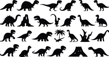 Dinosaur silhouette vector set, prehistoric icons, black dino clipart, extinct species, volcano, plants, flying reptiles, educational fossil graphic pack © Masuduzzaman