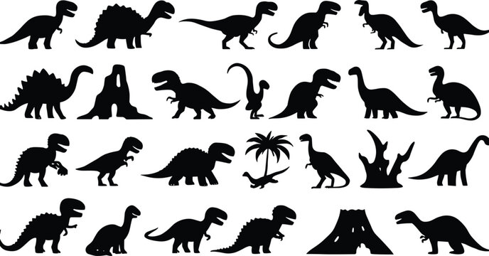 Dinosaur silhouette vector set, prehistoric icons, black dino clipart, extinct species, volcano, plants, flying reptiles, educational fossil graphic pack