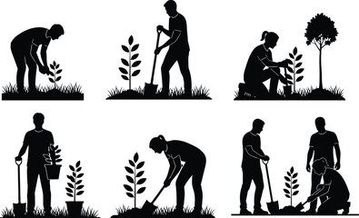 People planting trees silhouettes set, men and women gardening with shovels, outdoor environmental care activities, isolated black vector illustration collection