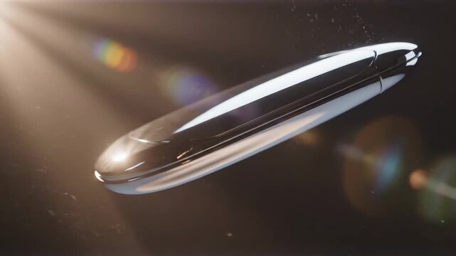 Sleek Floating Product with Soft Light Beams - A sleek, aerodynamic object gracefully floats against a backdrop of soft, diffused light beams.