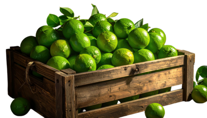 Green citrus fruit overflowing a wooden crate