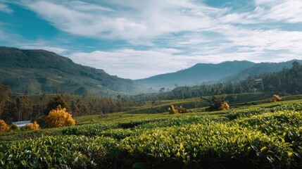 Lush Green Tea Fields Under a Clear Blue Sky Surrounded by Majestic Mountains in Early Morning Light
