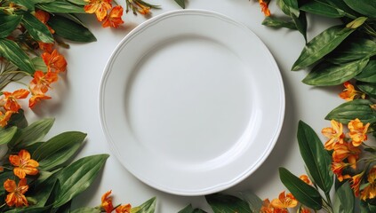 Empty white plate centered, surrounded by orange flowers and green leaves on white background