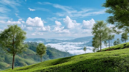 Obraz premium Lush Green Landscape of Rolling Hills Under Bright Blue Sky with White Clouds and Misty Valley in the Background