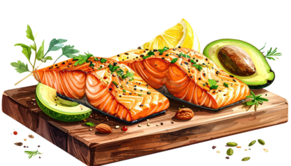 Watercolor illustration of salmon fillets with avocado and lemon on wood