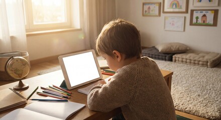 Young Boy Engaged with Digital Device in Cozy Indoor Space