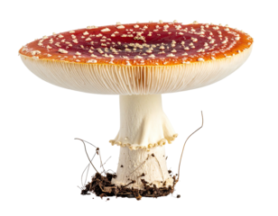 Close-up of a vibrant red-capped mushroom with white spots