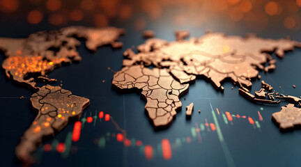 Global economy and finance concept with world map, stock market data, and abstract bokeh lights