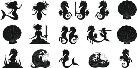 Fantasy ocean silhouette vector set, mermaid clipart, seahorse icons, underwater warrior, seaweed, waves, coral shapes, mythical sea creatures, aquatic graphics © Masuduzzaman