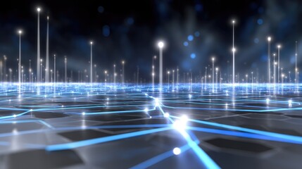 Futuristic Digital Landscape with Glowing Blue Lines and Bright Points of Light Above a Grid Surface