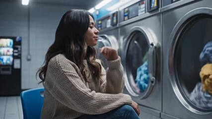 Woman sitting alone waiting for laundry machine