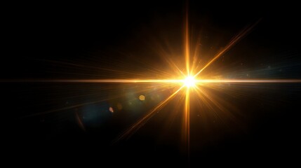 A bright golden starburst against a solid black background, emanating light rays. Lens flares create an ethereal glow