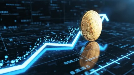 Bitcoin Rising Trend - Golden Bitcoin cryptocurrency coin rising over a blue neon graph line with an upward pointing arrow, representing growth in the digital currency market. - Powered by Adobe