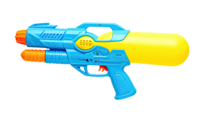 Colorful, large plastic toy water gun on black background, ready for fun
