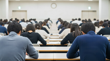 University Entrance Examination in Japan - Students Concentrating on Test in Lecture Hall
