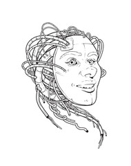 Artificial intelligence horror concept. Head of robot with female face. Future technology and machine. Electronic circuit connection.Smart cyber mind education. Transhumanism, fantastic and cuberpunk