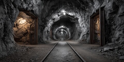 Dark and Abandoned Mine Tunnel with Railway Tracks in a Dimly Lit Underground Environment