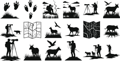 Wildlife observation and nature exploration silhouettes, animals, people, maps, landscapes, black vector icons for outdoor tracking, hiking, photography, adventure, forest design