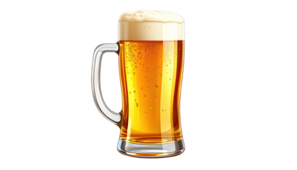 Frothy golden beer in a tall glass mug, isolated on black