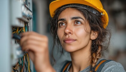 Female Electrician Working on Circuit Breaker Panel with Safety Helmet in Industrial Setting