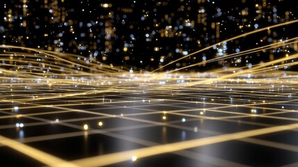 Abstract Digital Network with Illuminating Lines and Sparkling Lights on Grid Background