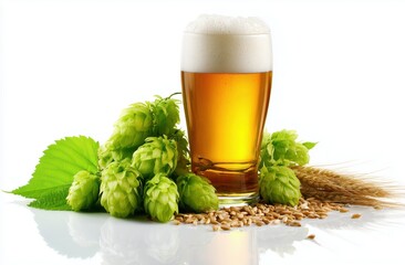 Refreshing Glass of Beer Surrounded by Hops, Barley, and Wheat in Bright Background