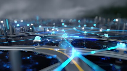 Futuristic Concept of Digital City Connected Through Advanced Technology and Network Communications with Light Trails