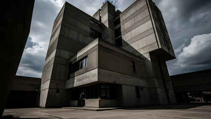 Majestic Brutalist concrete architecture style building against a dramatic sky showcasing bold geometric forms and raw material