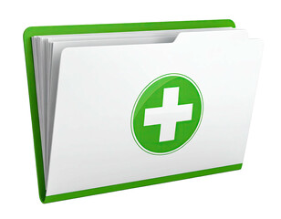 Green folder with medical cross, filled with white document pages
