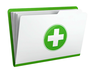 Green folder with medical cross, filled with white document pages