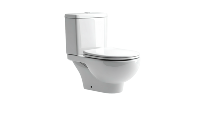 White, modern porcelain toilet with lid, isolated on black background