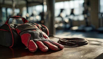 Gym bag, red gloves, jump rope on wooden surface