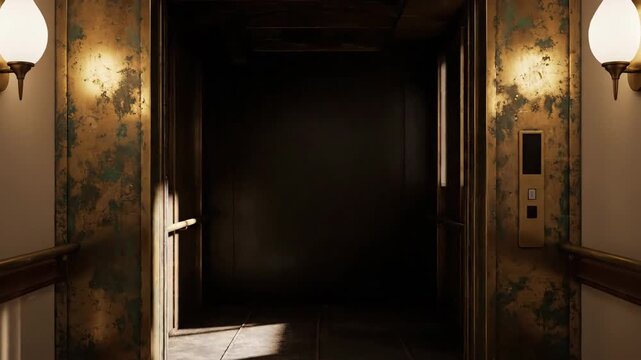 Vintage Elevator Door Opening in a Dimly Lit Corridor