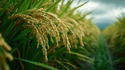 Close-Up View of Rice Crops with Water Droplets in Lush Green Field Under Overcast Sky