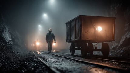 Dark and Mysterious Underground Scene with Miners and Vintage Coal Cart Lit by Soft Lights