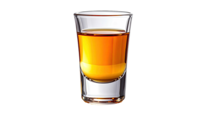 A shot glass filled with golden-amber liquid, set against a black backdrop