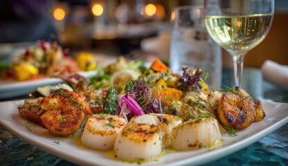 Colorful seafood platter with grilled shrimp, scallops, and vegetables. Wine glass nearby