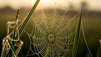 Dewy spider web glistens in morning sunlight