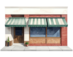 Exterior of a small brick store with striped awnings and a simple facade