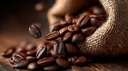 Freshly Roasted Coffee Beans Spilling from Jute Bag on Wooden Table Surface