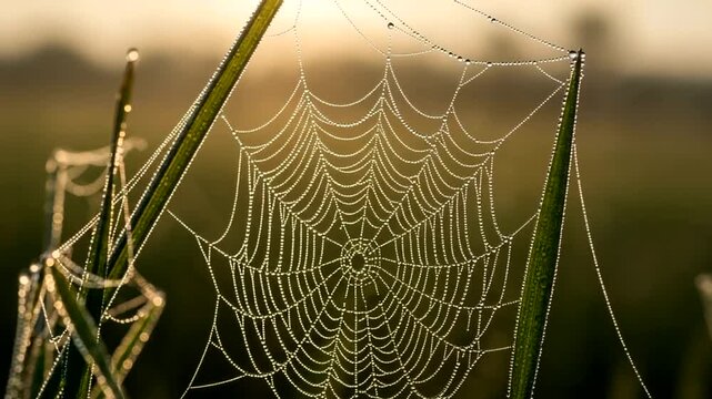 Dewy spider web glistens in morning sunlight