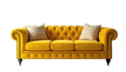 Regal yellow sofa, tufted back, ornate arms, two patterned pillows