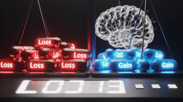 Loss Aversion Concept - The video shows a balance scale with capsules labeled "Loss" in red on one side and capsules labeled "Gain" in blue on the other, illustrating the psychological concept of
