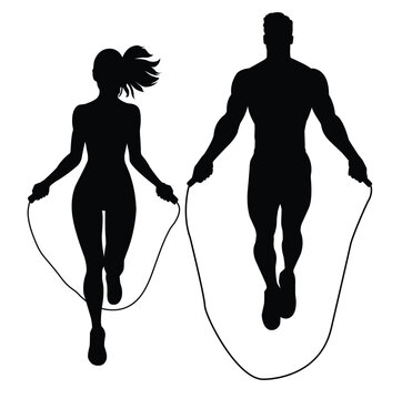 Silhouette of a couple doing exercise with skipping rope