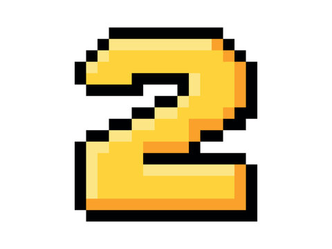 Pixel image of number 2 in 8-bit retro style, game UI assets, mobile game, score display, banner, vector and transparent PNG format.